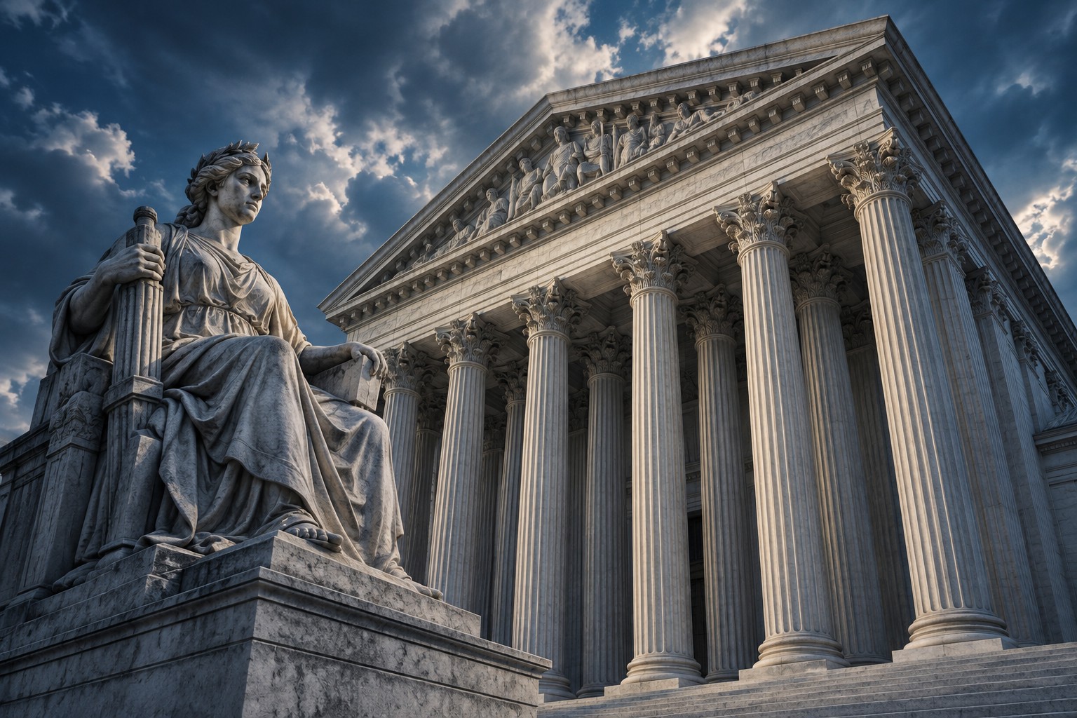 Illustration of a courthouse and a seated justice statue