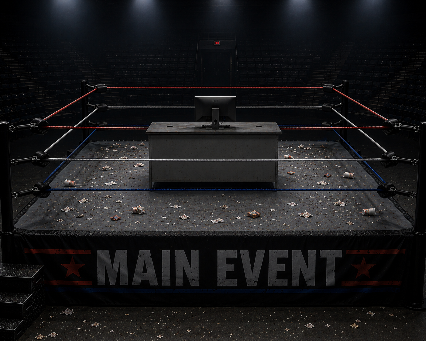 An empty professional wrestling ring beneath arena lights